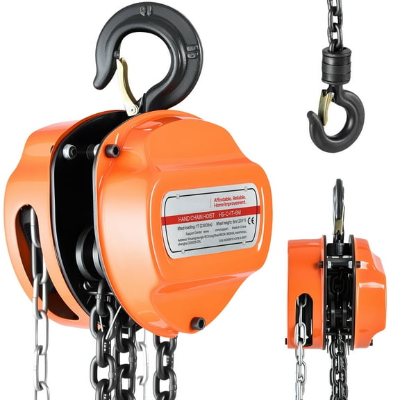 KFFKFF Manual Chain Hoist, 1 Ton 2200 lbs Capacity, Durable G80 Galvanized Chain, 20 ft Lift Height, Heavy-Duty Pulley System for Garage, Warehouse, and Machinery Applications, Orange