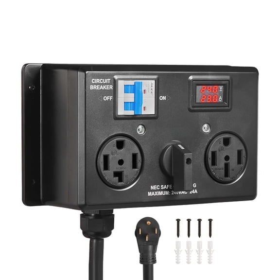 KFFKFF Manual EV Charging Switch, NEMA 14-30P to 14-30R & 14-50R, Splitter Switch for Dryer and EV, 24A Max 240V Power Distribution with Circuit Breaker, Hand-Operated Selector, Plug-and-Play Design