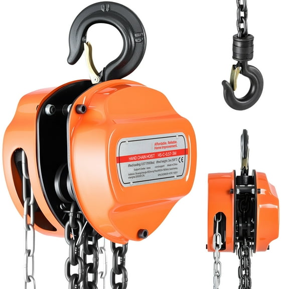 KFFKFF Manual Hand Chain Hoist, 1/2 Ton 1100 lbs Capacity, Chain Block with G80 Galvanized Chain, 10 ft Lift Height, Durable Pulley System for Garage, Warehouse, and Machinery, Orange