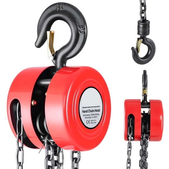 KFFKFF Manual Hand Chain Hoist, 1 Ton 2200 lbs Capacity, Chain Block with Durable G70 Galvanized Chain, 10 ft Lift Height, Sturdy Pulley System for Garage, Warehouse, and Machinery, Red