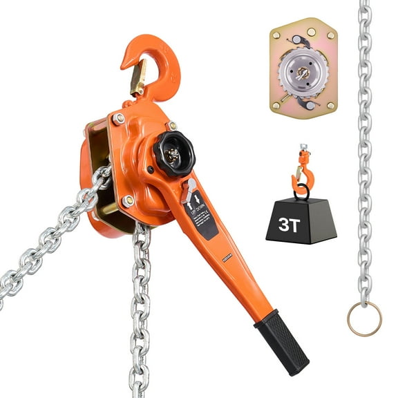 KFFKFF Manual Lever Chain Hoist, 3T 6600LBS Capacity Heavy-Duty Puller, 20FT Lift with G80 Alloy Steel Chain, Dual Pawl Brake System, 360° Rotating Hooks, Ideal for Warehouse, Construction