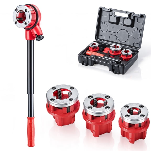 KFFKFF Manual Ratchet Pipe Threader Kit with 3 Dies, 1/2" BSPT, 3/4" BSPT, 1" BSPT, Portable Threading Tool Set with Toolbox for Plumbing Projects and Repairs