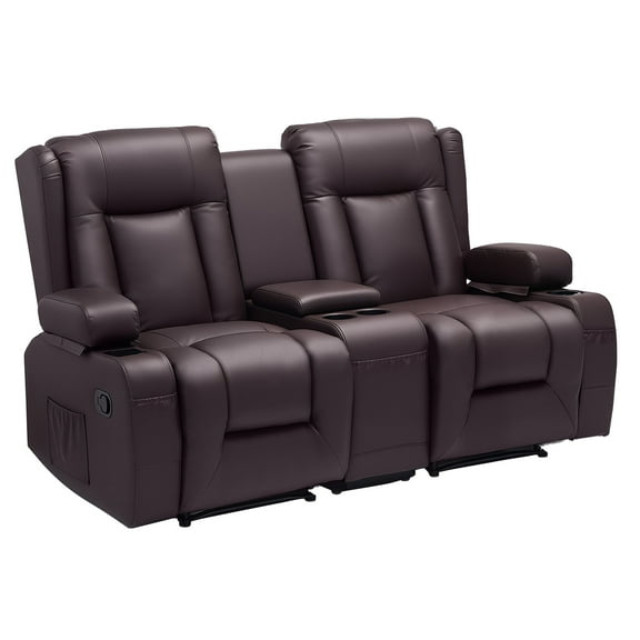 KFFKFF Manual Reclining Loveseat Sofa with Center Console, Faux Leather Upholstery, USB Ports, Cup Holders, and Storage Pockets, Dual Recliner Chair for Living Room or RV, Brown