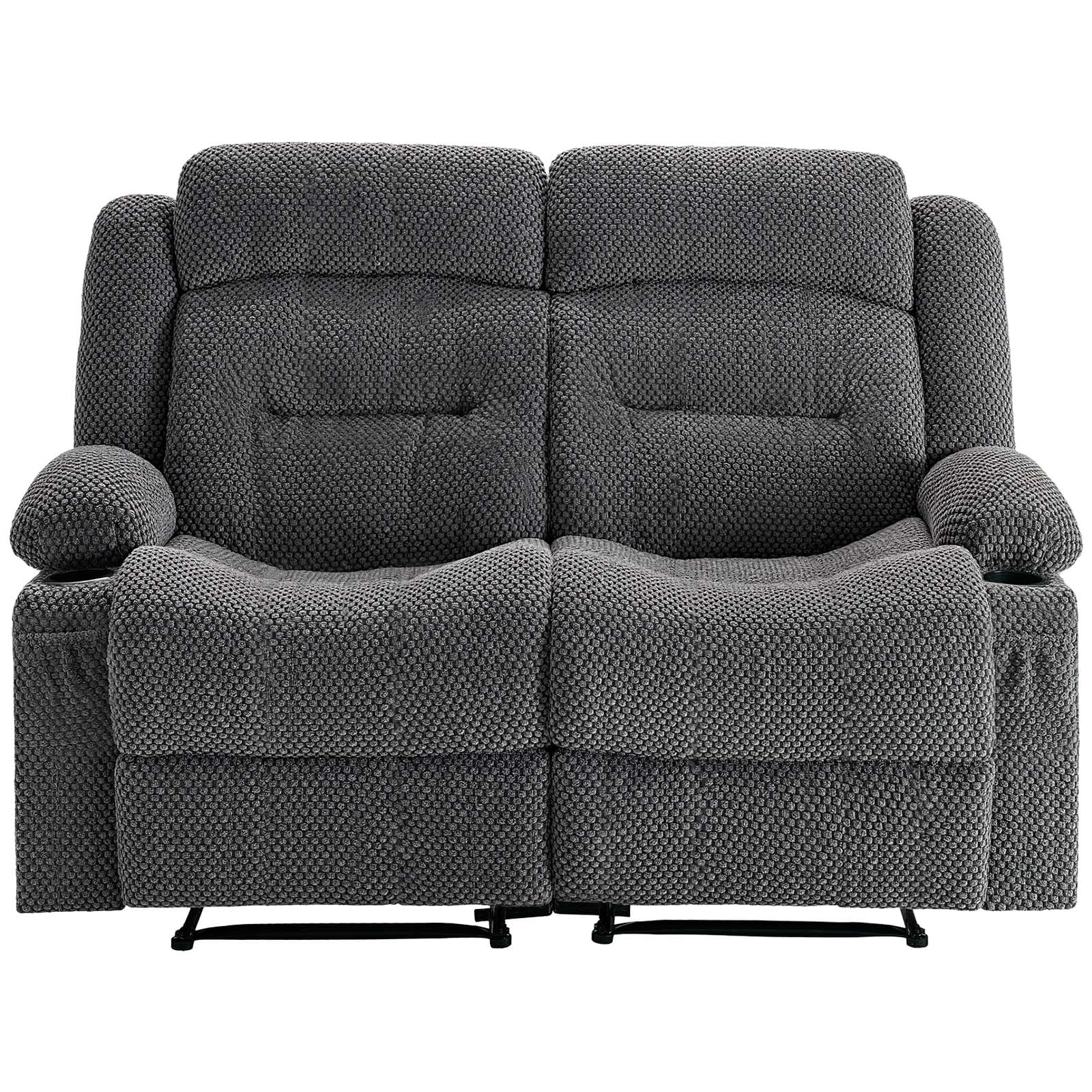 KFFKFF Manual Reclining Loveseat Sofa with Heating and Massage, Soft Corduroy Upholstery, USB Ports, Cup Holders, and Side Storage Pockets, Dual Recliner Couch for Living Room, Grey
