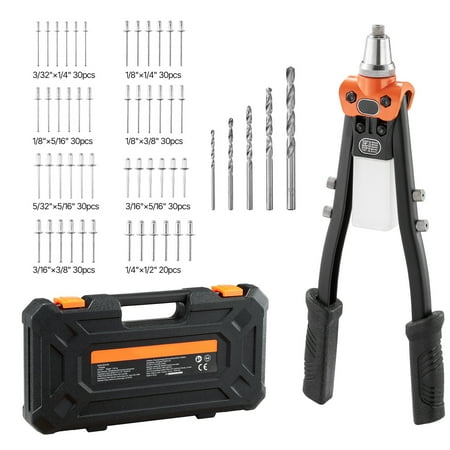 KFFKFF Manual Rivet Gun Kit with 230 Rivets, Two-Handed Tool Featuring 5 Replaceable Nosepieces, 5 Drill Bits, and a Storage Case, Ideal for Metalwork, Automotive Repairs, Home Projects, and DIY Task