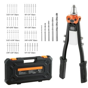 KFFKFF Manual Rivet Gun Kit with 230 Rivets, Two-Handed Tool Featuring 5 Replaceable Nosepieces, 5 Drill Bits, and a Storage Case, Ideal for Metalwork, Automotive Repairs, Home Projects, and DIY Task