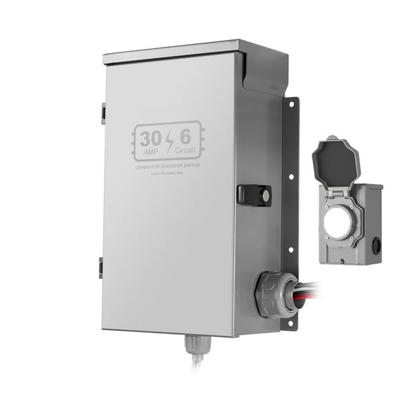 KFFKFF Manual Transfer Switch, 30-Amp 6-Circuit, Prewired Generator Switch Kit with NEMA L14-30P Inlet Box, Double-Throw Design, NEMA 3R, Watt Meter, Compatible with 7500W Generators