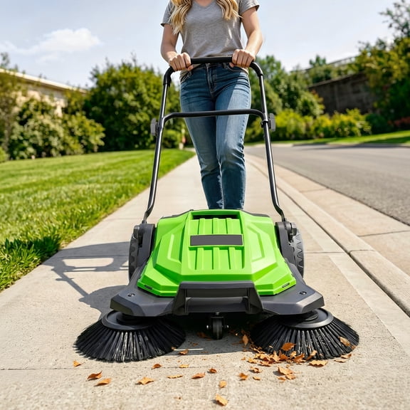 KFFKFF Floor Sweeper, 25.6" W Sweeper with 5-Gallon Waste Bin & Adjustable Handle, Sweeper for Hard Floor, Street, Garage, Lawn, Green
