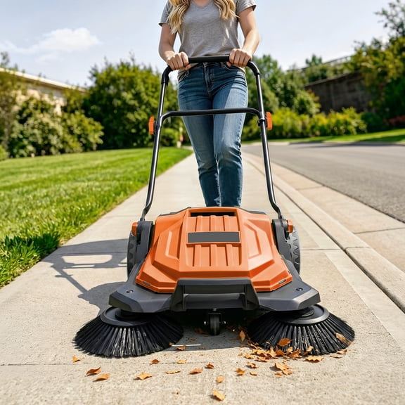 KFFKFF Manual Walk-Behind Floor Sweeper, Non-Electric with 25.6" Cleaning Width, 5-Gallon Waste Bin & Adjustable Folding Handle for Patios, Walkways, Yards, and Garages - Orange