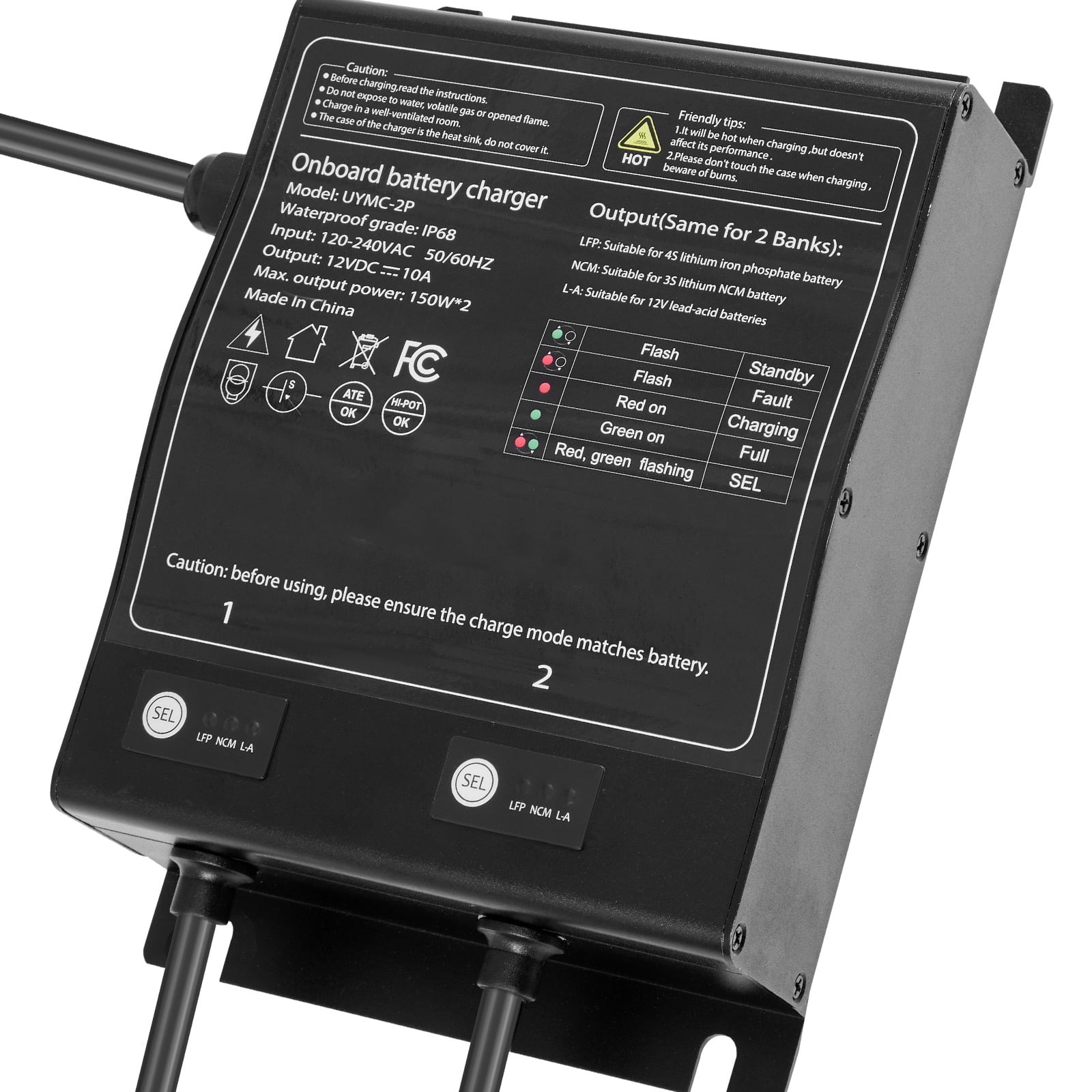 KFFKFF Marine Battery Charger, 2-Bank, 10A 12V Onboard Charger, IP68 Waterproof Smart Battery Charger, Compatible with Lithium-Ion (LiFePO4), NCM, Lead-Acid Batteries, Suitable for Boats, Yachts