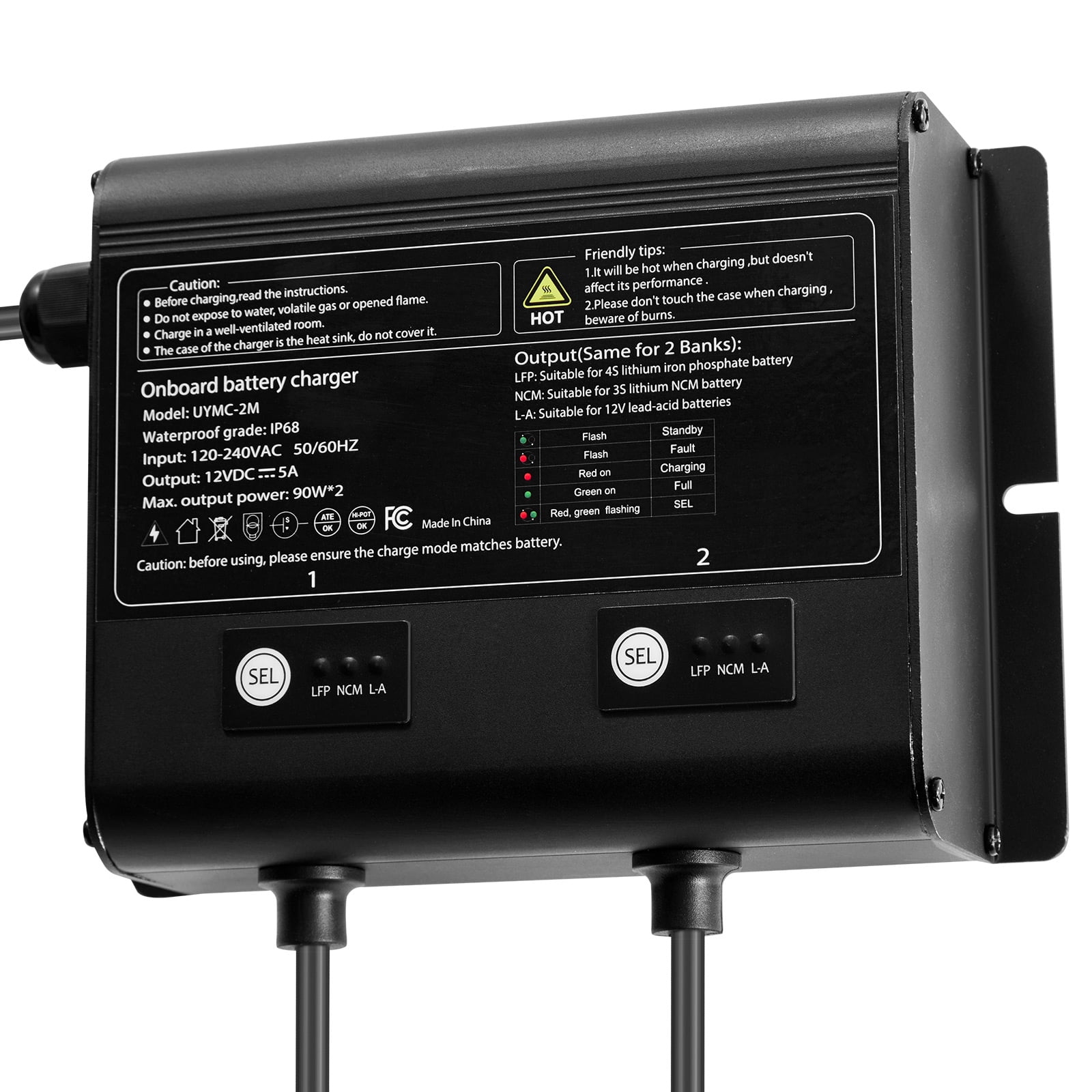 KFFKFF Marine Battery Charger, 2-Bank, 5A 12V Onboard Charger, IP68 Waterproof Smart Charger for Lithium-Ion (LiFePO4), NCM, Lead-Acid Batteries, Compatible with Boats, Yachts, RVs, and Trailers