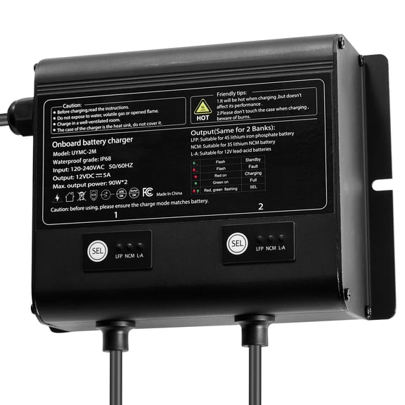 KFFKFF Marine Battery Charger, 2-Bank, 5A 12V Onboard Charger, IP68 Waterproof Smart Charger for Lithium-Ion (LiFePO4), NCM, Lead-Acid Batteries, Compatible with Boats, Yachts, RVs, and Trailers