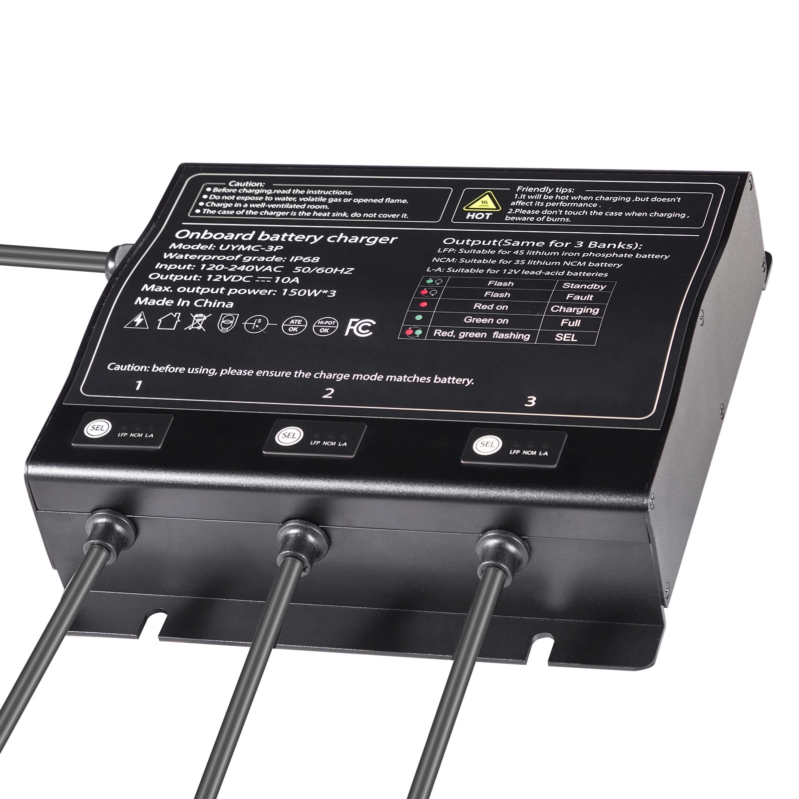 KFFKFF Marine Battery Charger, 3-Bank, 10A 12V Onboard Charger, IP68 Waterproof Smart Battery Charger, Compatible with Lithium-Ion (LiFePO4), NCM, Lead-Acid Batteries for Boats, Yachts, RVs