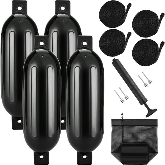 KFFKFF Marine Cushions, 5.5" x 20" Dock Bumpers, Ribbed Inflatable Protection with Middle Holes, Includes Air Pump, 4 Needles, 4 Ropes, and Carrying Case, Black