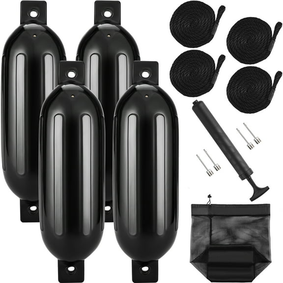 KFFKFF Marine Cushions, 8.5" x 26" Docking Bumpers, Ribbed Inflatable Protection with Middle Holes, Includes Air Pump, 4 Needles, 4 Ropes, and Carrying Case, Black