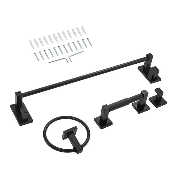 KFFKFF Matte Black Bathroom Hardware Set, 4-Piece Stainless Steel Accessories Kit, Includes 24-Inch Towel Bar, Towel Ring, Robe Hook, and Toilet Paper Holder, Wall-Mounted Design for Bathroom Use