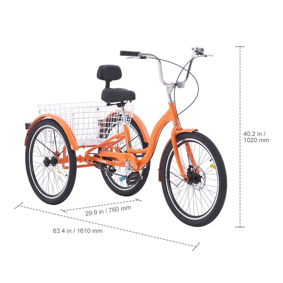 KFFKFF Mature Trike, 20 Inch Triple-Wheel Cycles,Trio Wheel Bicycles, Aluminum Compound Leisure Cycle with Basket & Modifiable Saddle, Outing Purchasing Trikes for Elderly, Ladies, Gentlemen (Orange)
