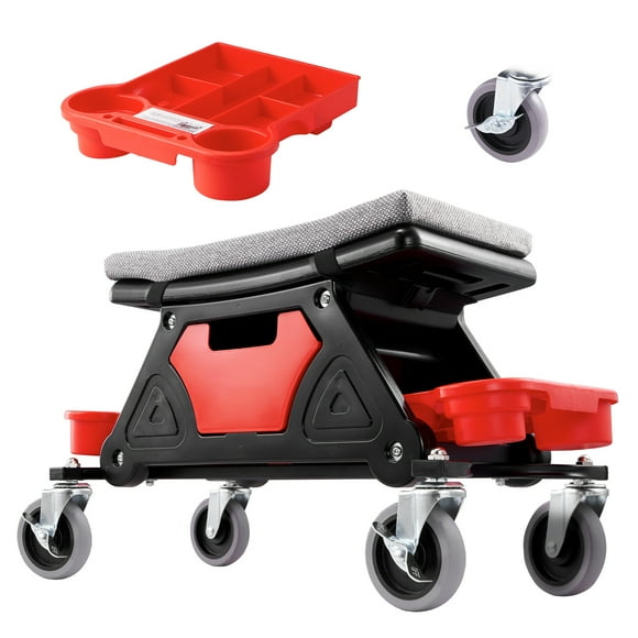 KFFKFF Mechanic's Chair, Supports up to 300 LBS, Mobile Mechanic Bench with 4" Casters, Equipped with Three Pull-Out Tool Compartments and a Storage Drawer, Robust Rolling Work Seat