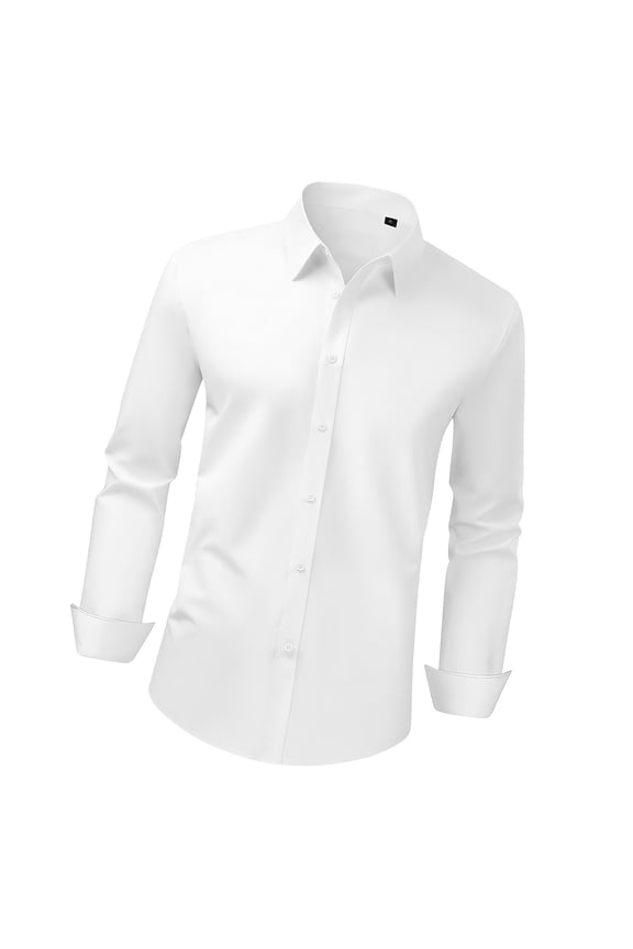 Men's Long Sleeve Button-Up Shirt, Slim Fit Stretch Fabric for Business, Casual, or Formal Occasions, Wrinkle-Resistant Design, Ideal for Work, Weddings, and Dinners, White