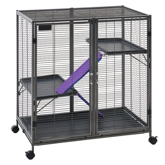 KFFKFF Metal 3-Tier Small Animal Cage with Wheels, 37.8"H Rolling Habitat with Ramps, Platforms, Tray & Doors for Ferrets, Chinchillas, Sugar Gliders, Guinea Pigs & Rabbits, 0.55" Wire Spacing