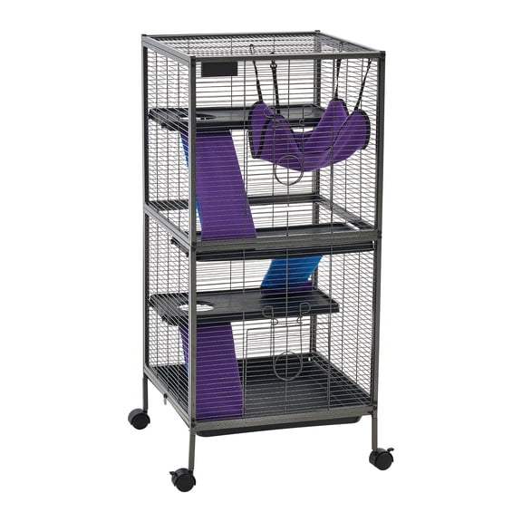 KFFKFF Metal 4-Tier Small Animal Cage with Wheels, 44.5"H, Includes Hammock, Ramps, Tray & Doors, Suitable for Ferrets, Chinchillas, Sugar Gliders, Guinea Pigs & Rabbits, 0.55" Wire Spacing