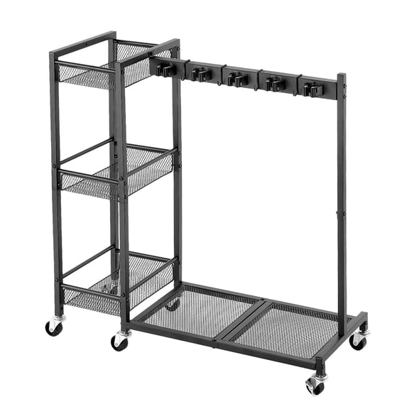 KFFKFF Metal Broom Holder and Cleaning Supplies Organizer with Wheels, Garage Storage Rack for Household Tools, Mop Hanger, Detergent, Brushes, Heavy-Duty Steel Utility Cart, Black