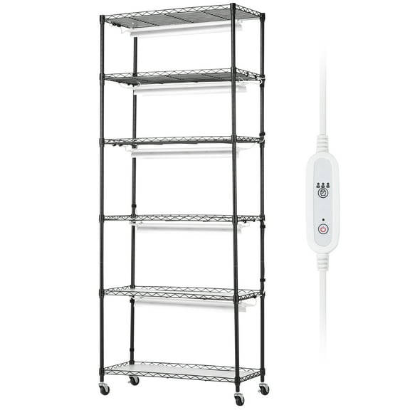 KFFKFF Metal Plant Rack with Integrated Lighting, 6-Level, 150W, Offers 3 Spectrum Lighting Modes, Includes Timer, Ideal for Seedling Growth, Dimensions: 29.5"L x 13.8"W x 70.9"H