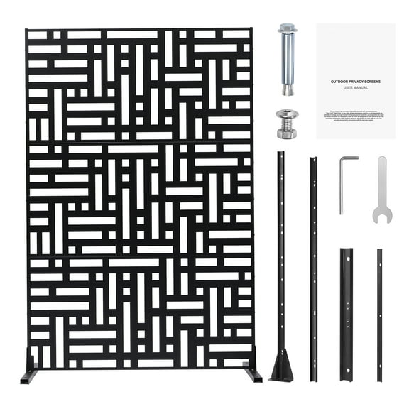 KFFKFF Metal Privacy Screen, 47" W x 76" H, 3-Panel Freestanding Outdoor Divider with Stand, Decorative Steel Privacy Fence for Balcony, Patio, Indoor Spaces, Hot Tub, Black