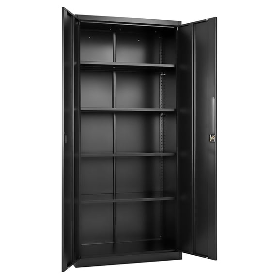 KFFKFF Metal Storage Cabinet, 68.9 in Steel Lockable Cabinet with 4 Adjustable Shelves, Magnetic Doors, 2 Keys, 5-Tier Storage for Garage, Pantry, Basement, Laundry, Office, Black