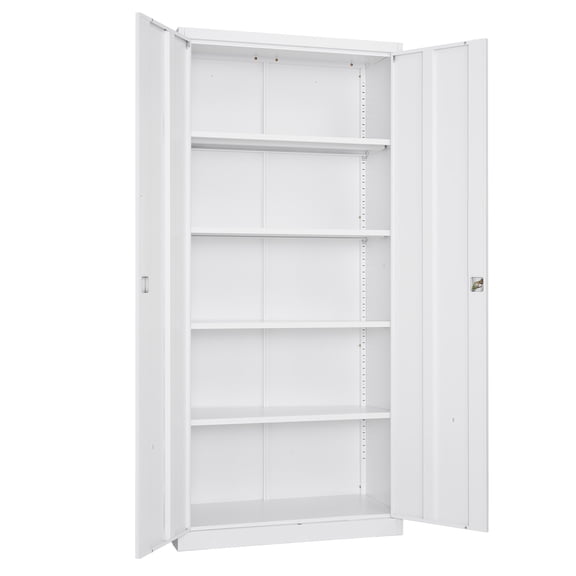 KFFKFF Metal Storage Cabinet, 68.9 in Steel Lockable Garage Cabinet with 4 Adjustable Shelves, Magnetic Doors, 2 Keys, 5-Tier Storage Solution for Pantry, Warehouse, Basement, Laundry, Office, White