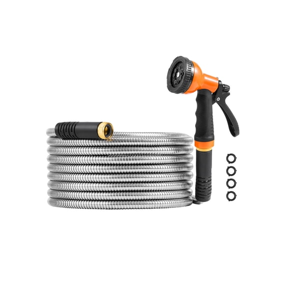 KFFKFF 25ft Metal Garden Hose, Resistant to Rust Stainless Steel Water Hose, Sturdy Outdoor Hose with 10 Function Spray Nozzle, Non-Twisting & Adaptable Water Pipe, Light Metallic Hose