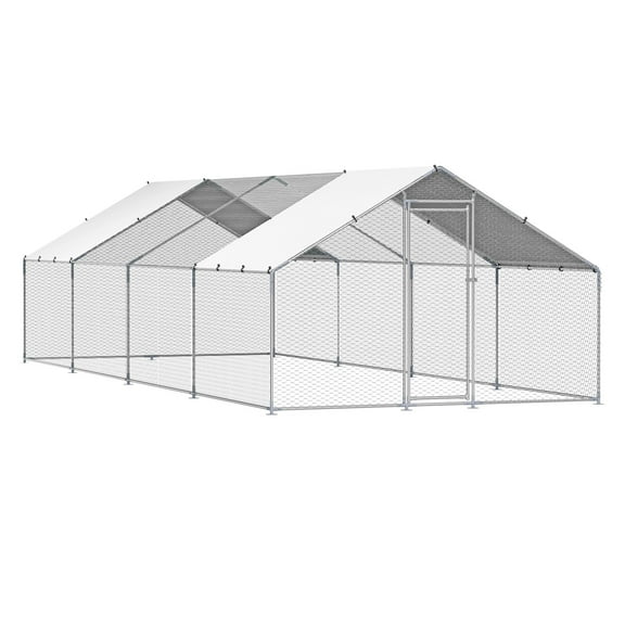 KFFKFF Metallic Poultry Enclosure, Dimensions 9.8x26.2x6.5 ft, Spacious Walk-in Design with Protective Cover, Cone-shaped Roof, Secure Locking Mechanism, Ideal for Outdoor Duck, Rabbit