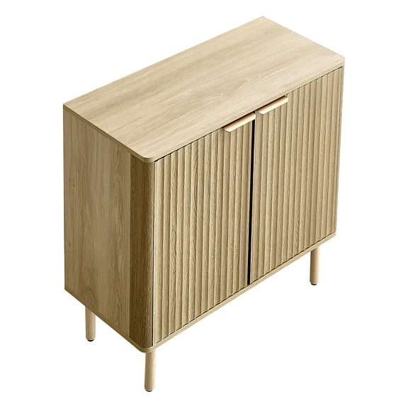 KFFKFF Mid-Century Coffee Bar Cabinet with Fluted Design, 2-Tier Storage, and Barn Doors, Sideboard Buffet Table for Living Room or Entryway, 31.5 x 14.7 x 31.5 in, Oak Finish