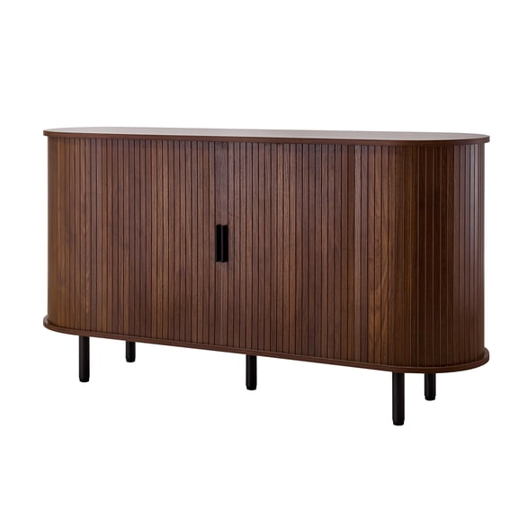 KFFKFF Mid-Century Coffee Bar Cabinet with Fluted Design, Buffet Table with Sliding Doors, Sideboard for Living Room, Kitchen, or Entryway, 55.1 x 15.7 x 29.5 in, Walnut Finish