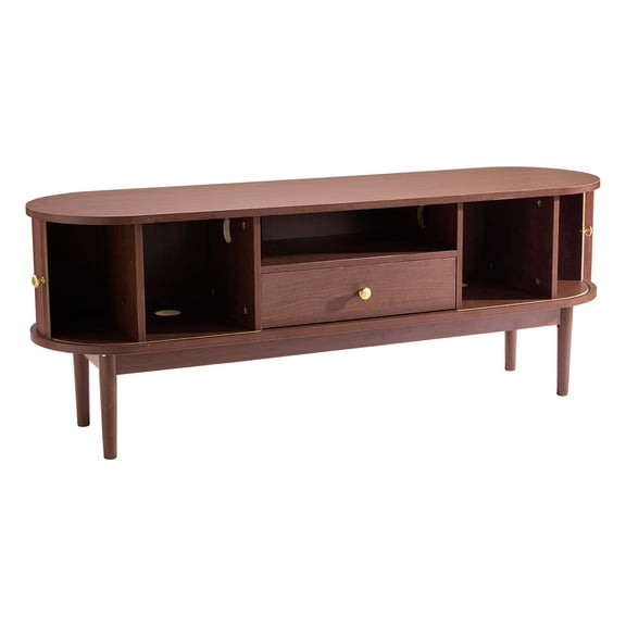 KFFKFF Mid-Century Modern TV Stand, Entertainment Center for TVs up to 58 Inches, 350 lbs Weight Capacity, Media Console Table with Drawer, Open Shelves, and Sliding Door for Living Room or Bedroom