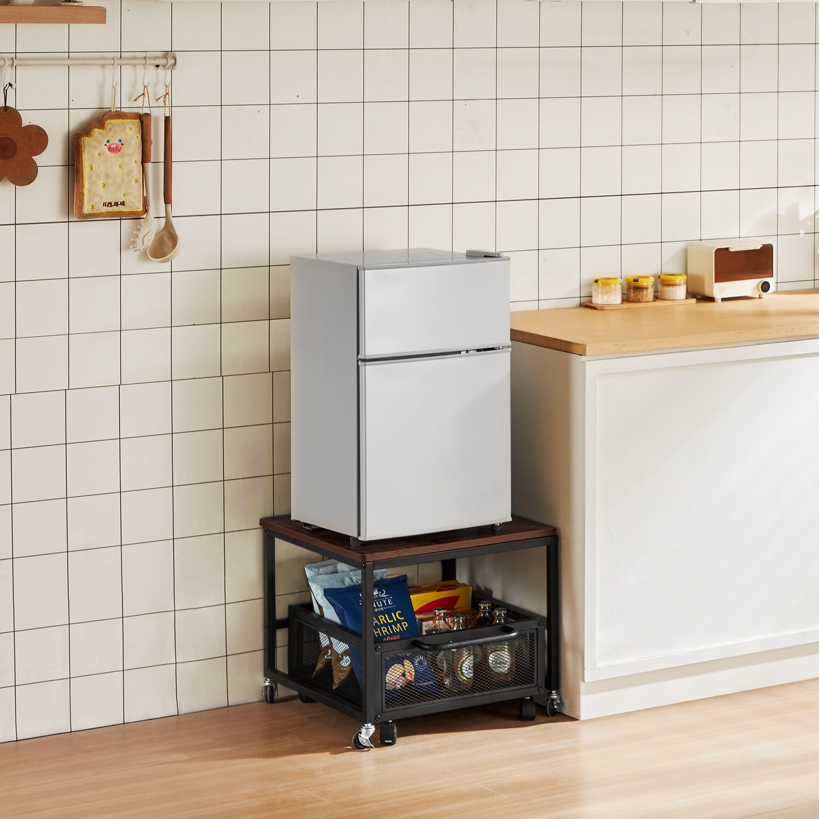 KFFKFF Mini Fridge Stand Washing Machine Stand with Storage, Refrigerator Base with 4 Swivel Lockable Wheels，Movable Storage Cart Dark Brown 20*20*17inch, 200lb Load Bearing