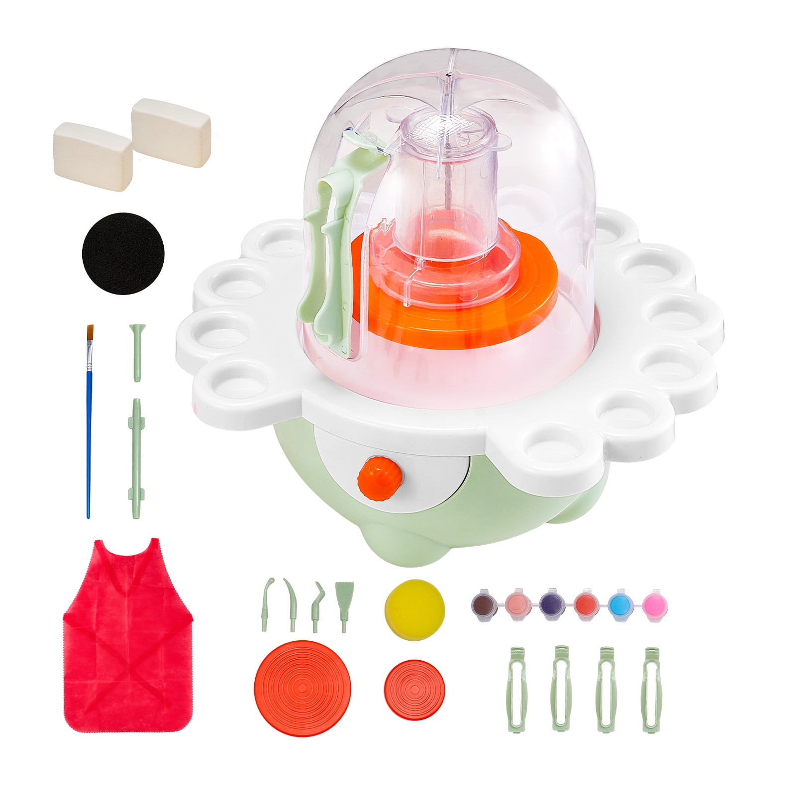 KFFKFF Mini Pottery Wheel with Adjustable Speed, 2 in and 3 in Turntables, Electric Clay Wheel for Beginners and Kids, Includes Clay Sculpting Tools, Ideal Gift for Boys and Girls, Green