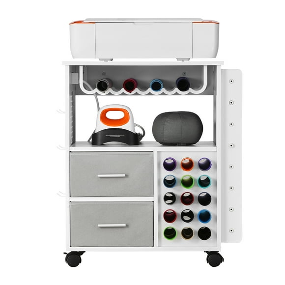 KFFKFF Mobile Art Cart and Utility Table, Suitable for Cricut Devices, Artistic Table Storage Station with Dual USB Ports and Power Outlets, Accommodates 15 Vinyl Roll Holders and a Pair of Drawers
