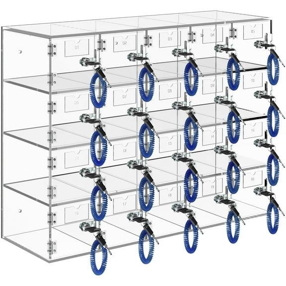 KFFKFF Mobile Device Storage Unit, 20 Compartments Made of Acrylic, Equipped with Door Locks and Keys, Wall-Attachable Organizer for Office, Classroom, Gym, Transparent