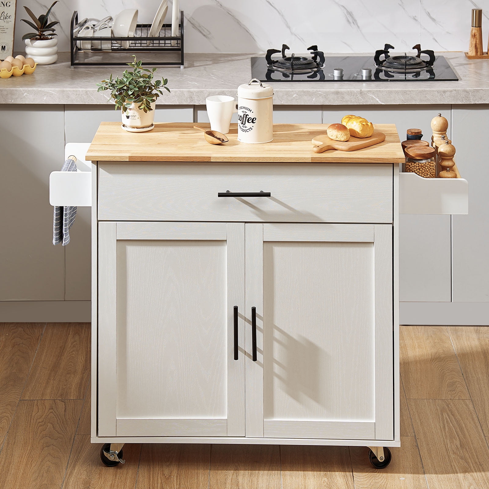 KFFKFF Kitchen Island, Mobile Kitchen Cart with Sturdy Wood Surface, 35.4" Broad, Equipped with Storage Compartment, Movable Kitchen Table with Spice Holder, Towel Holder, Drop Leaf and Drawer