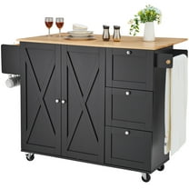 KFFKFF Mobile Kitchen Island, 56" Wooden Top Cart with Cabinet Storage, Features Extendable Drop Leaf, Spice Holder, Towel Handle, Flexible Shelf, Drawer & Hooks, Movable Black Island on Casters