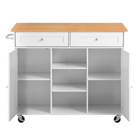 KFFKFF Mobile Kitchen Island Cart with Storage, 45.67-inch Wide Rolling Storage Unit on Swivel Wheels, Featuring 2 Drawers, Cabinet, Drop Leaf, Towel Rack, and Table for Home or Dining Room, White
