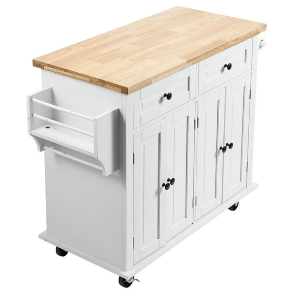 KFFKFF Mobile Kitchen Island Cart with Wooden Top, 35.4" Wide Rolling Cart Featuring Storage Cabinet, Spice Rack, Towel Holder, and Drawer, Versatile Kitchen Table on Wheels, White