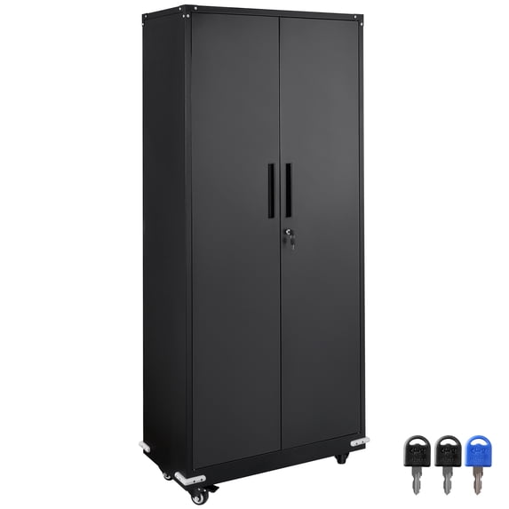 KFFKFF Mobile Metal Storage Unit, 75 in Secured Cabinet with 4 Customizable Shelves & 2 Magnetized Doors, 200 lbs Load per Shelf, Metallic Cabinet with Trio of Keys for Domestic, Garage Use, Black