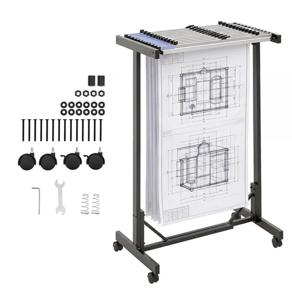 KFFKFF Mobile Steel Blueprint Storage Rack with Adjustable Holder, Includes 12 Aluminum Clamps (30 Inches), Wheels for Easy Movement, Organizer Stand for Plans, Posters, and Office or Home Use