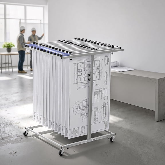 KFFKFF Mobile Steel Blueprint Storage Rack, Adjustable Vertical Drawing Holder with Wheels, File Organizer Stand for Construction Plans, Posters, and Office Use, Without Clamps
