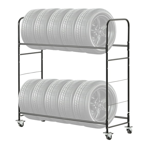 KFFKFF Mobile Tire Storage Unit, Dual-Shelf Tire Carrier and Moving Trailer for Garage, Robust Steel Tire Storage Trolley with Wheels, Modifiable Elevation & Safety Cover