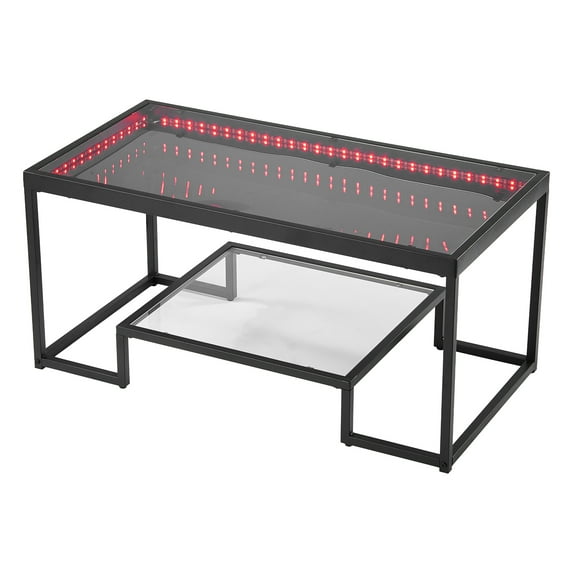 KFFKFF Modern Coffee Table with Tempered Glass and Lighting, Two-Tier Rectangular Design with Open Storage, Sleek Metal Accent End Table for Living Room or Office, Simple Assembly