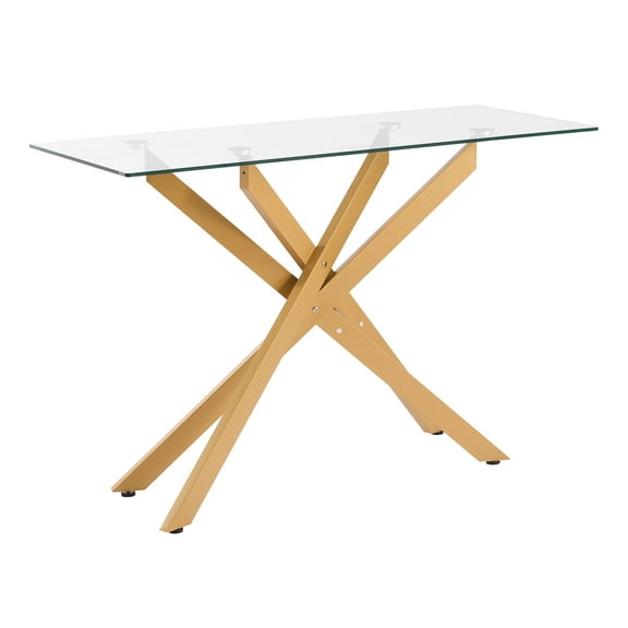 KFFKFF Modern Glass Coffee Table, Rectangular Sofa Side Table with Tempered Glass Top & Iron Cross-Legs, Gold Geometric Console Desk with Adjustable Non-Slip Feet for Living Room, Entryway, or Foyer