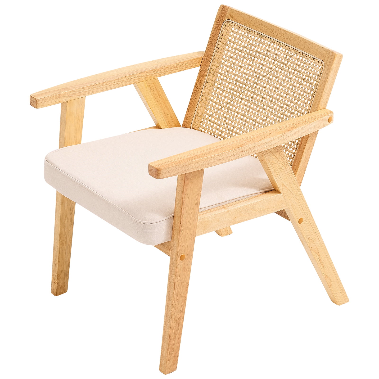 KFFKFF Modern Rattan Accent Chair Upholstered Solid Wood Armchair Reading Chair Patio Chair Retro Dining Chair with Woven Back and Natural Base, Mid-century French Farmhouse, Beige Fabric